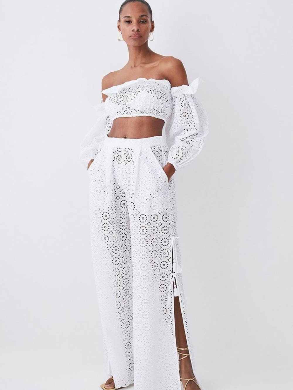 Karen Millen White Eyelet Flare Trousers
